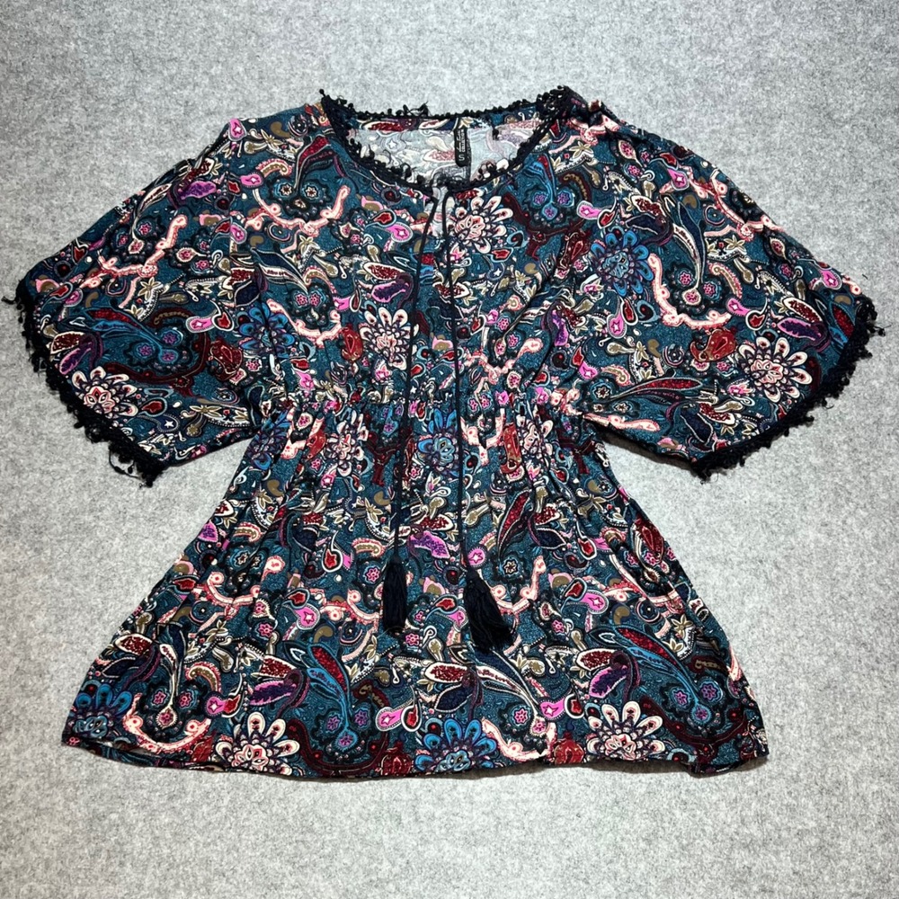 Laura Torelli Collection Paisley Tunic Top Blue‎ Pink Boho Tassel Pom Pom Small